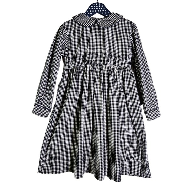 Buissonniere Gingham Check Dress Girls 6 Navy Ivory‎ Embroidered Hearts - Picture 1 of 11